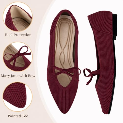Image of TINGRISE Women's Pointed Toe Flats Comfortable Knit Ballet Shoes Washable Dressy with Bow Business Casual Work Shoes