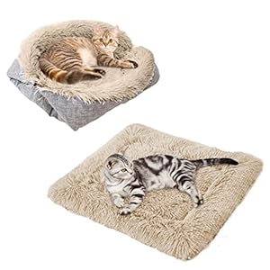 Katzenbett 2 in 1 Plüsch Weich Runden Schlafen Katzensofa Flauschige Katzenbett Klein Hund Bett Katzendecke Haustierbett katzenbettchen Tierbett für Katzen und Kleiner Hund (Braun)