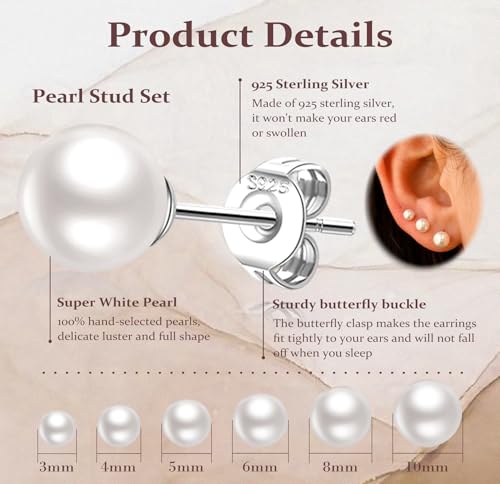 LOUMILEO 6 Pairs Pearl Earrings Set Hypoallergenic Small Sterling Silver Stud Earrings for Women Man 3-10MM Tiny Cartilage Piercing Pearl Studs for Multiple Piercing2
