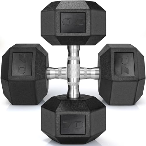 TLGREEN 1 pair/2pcs70LB Dumbbells Rubber Coated Cast Iron Hex Black Dumbbells, Weights Set