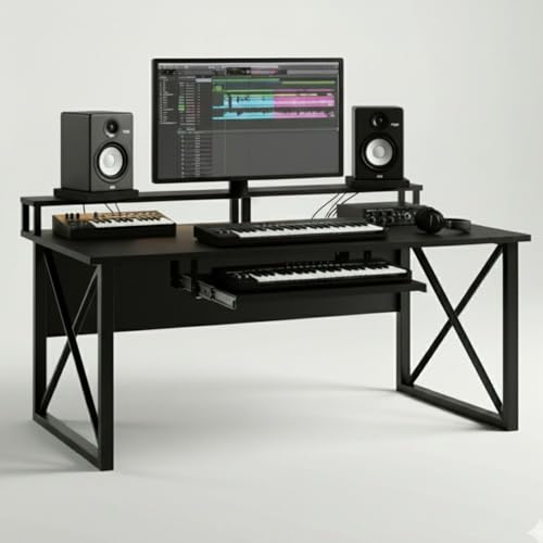 Image of FFo Music Studio Desk | Music Studio Desk with Keyboard Tray | Workstation,Laptop PC Computer, Music Instrument Table for Music Producers | (Black) | (120L x 60W x 87H CM) | (DIY)