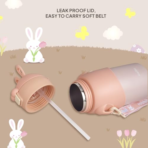 Image of Cello Bunny Kids Stainless Steel Flask 500ml, Peach | Double Walled Vacuum Insulated Technology | One Click Push Button to Open | Ideal for School, Sports, Picnics