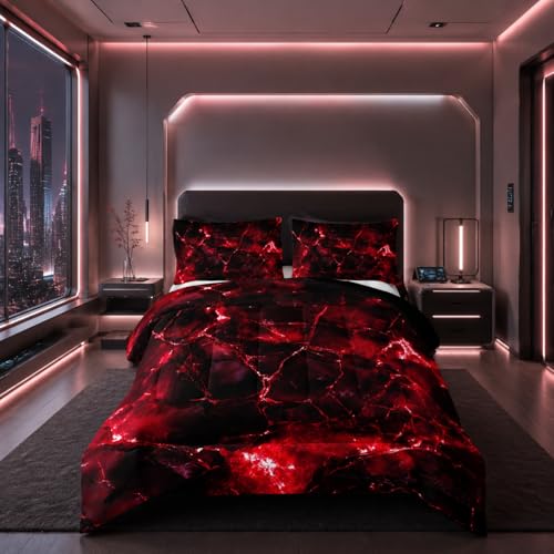 Image of Nttopship Red Comforter Set King Size,Red Marble Bedding Set 3 Pcs Bedding for Adults, Marble Room Decor with Comforter and 2 Pillowcases Soft and Lightweight B-Side Black