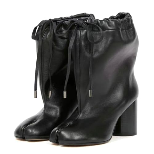 Betastella Womens Tabi Boots Split Toe Ankle Boots Lace Up Wide Calf Booties Chunky Block Heel Fashion Shoes, Size 8, Black