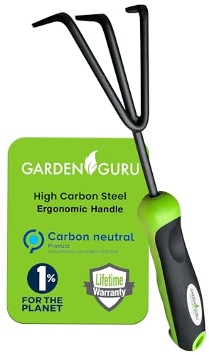 Garden Guru Hand Cultivator Rake Tiller Tool High Carbon Steel for Ultimate Strength - Rust Resistant Ergonomic Handle Great for Gardening Cultivating Loosening Weeding