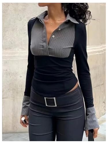 Women's Striped Button Front Collared Blouse Shirts Long Sleeve Slim Fit Asymmetrical Hem Work Tops3