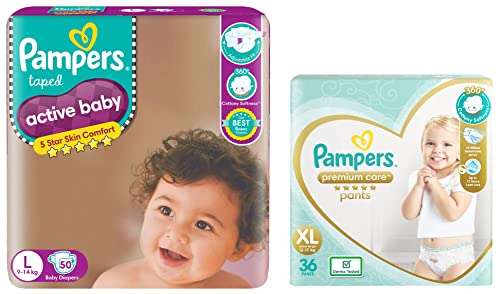 Image of Pampers Active Baby Taped Diapers, Large size diapers, (LG) 50 count, taped style custom fit & Pampers Premium Care Pants, Extra Large size baby diapers (XL), 36 Count, Softest ever Pampers pants