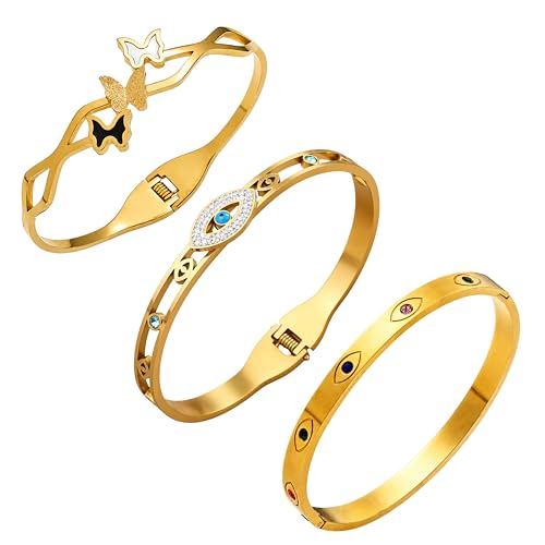 Image of Stylish Gold Plated Bangle for Women | Daily Use Stainless Steel Kada | Anti-Tarnish Waterproof Cuff | Multicolour Crystal Evil Eye | Daily Wear Bracelet For Womens | Premium Gift For Girl