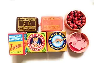 Abiria Pack of 7 Divine Pooja Items Javadhu,Punugu,Aragaja,Gorochanam.Kasturi,Pachakalpooram and Red Gunja Seeds