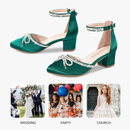Image of LAURMOSA Girls Sandals Closed Toe High Heels Pointed Toe Ankle Strap Pumps Flower Girl Dressy Shoes in Wedding Party Cute Bowknot Chunky Block Heeled for Little Big Kids