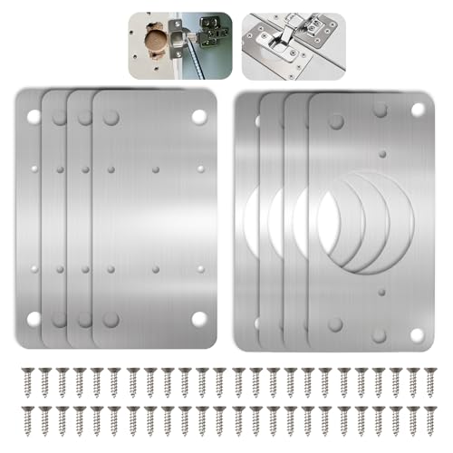 Plaque Reparation Charniere Porte Placard, 8 Pièces Réparation Charnières Meuble Cuisine Quincaillerie Plate Inoxydable Kit de Renforcement Fixation Porte avec Vis pour Bois Étagère Armoire (90*46mm)
