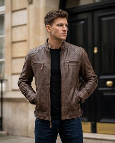 Image of Mens Vintage Retro Biker Cafe Racer Jackets - Diamond Quilted Style Genuine Leather Motorcycle Jacket