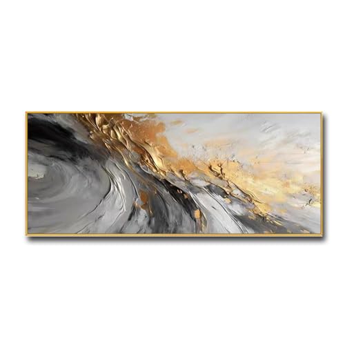 Black and White Abstract Canavas Wall Art Large for Living Room-Gold Framed 3D Textured Artwork for Office-Hand Painted Oil Painting on Canvas for Bedroom Home Decoration 24x56 inches