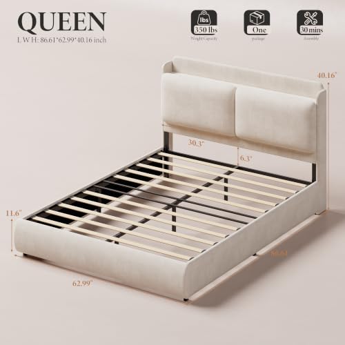 Image of Garvee Queen Upholstered Bed Frame with Shelf & Drawers- Beige