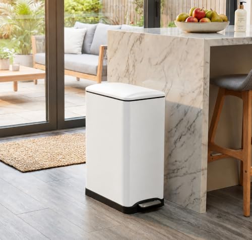Image of Home Zone Living 13 Gallon Slim Kitchen Trash Can with Dual Compartments for Recycling, Stainless Steel, White, 50 Liters Total