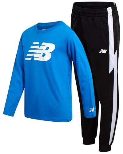 New Balance Boys Jogger Set - 2 Piece Athletic Jersey Graphic Long Sleeve Shirt and Tricot Jogger Sweatpants for Boys (8-16), Size 12, Blue/Black