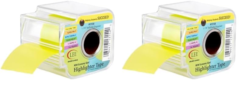 Lee Products Removable Wide Highlighter Note Tape with Dispenser, 1-7/8 X 393 in, Yellow (13150) (Pack of 2)
