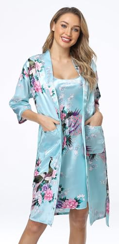 Urhot UR-PEACOCK PAJAMASSET-LIGHTBLUE XL Women'S Floral Satin Kimono Robe And Nightgown Set thumb #1