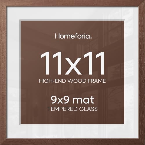 Image of Homeforia 11x11 Picture Frame Brown, High-End Dark Oak 11 x 11 Square Brown Wood Frames with Mat 9 by 9 Photo, 11by11 Wooden Walnut Poster Frame Matted to 9x9 Print, Tempered Glass, Wall Kit, Set of 1