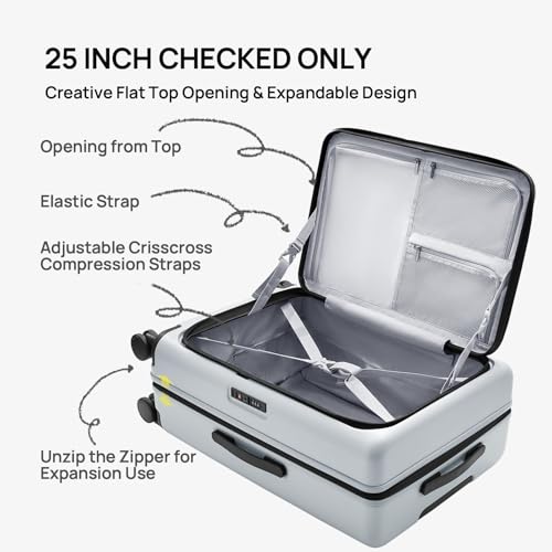 Image of NINETYGO Medium Checked Luggage 25 Inch, Flat Top Opening Check In Luggage with Cup Holder, Expandable, Lightweight PC Hard Shell, TSA Lock, 360 Spinner Wheels (Charcoal Coconut Milk)