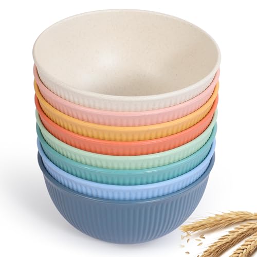 becutlery Reusable Bowls Set Unbreakable Cereal Bowls,24 OZ Wheat Straw Fiber Lightweight Bowl Sets 8, Microwave and Dishwasher Safe,Use for Ramen, Soup, Salad -Multi Color