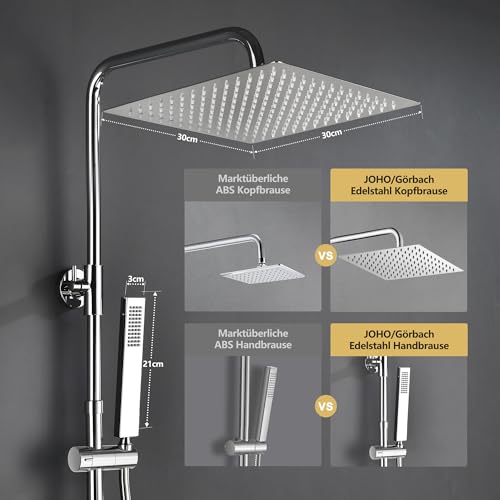 Görbach Edelstahl Duschset Regendusche Duschsystem mit Thermostat Mischbatterie, Verstellbarer Duschstange, Kopfbrause 30x30 cm Chrom – Ansicht 3