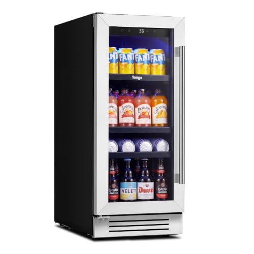 Image of Yeego 15 Inch Beverage Refrigerator, Beverage Cooler Stainless Steel Refrigerator Built-in or Freestanding, Small Wine Fridge with Glass Door, Drink Fridge for Beer, Soda, Wine (Left-Hinged)