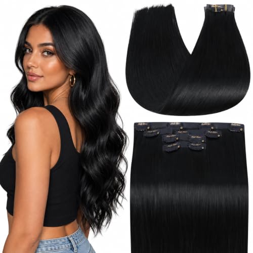 Image of Full Shine Invisible Clip in Hair Extensions, Jet Black Human Hair, 4 Pcs