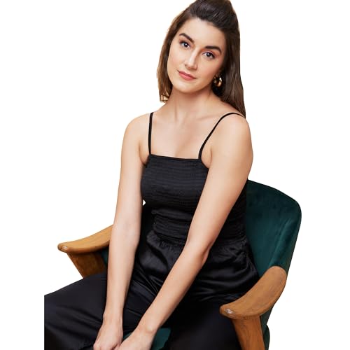 Image of Globus Women Blue Solid Smocked Strappy Party Jumpsuit-3639654001