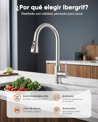 Miniatura 3 de Ibergrif M22137 Grifo Cocina Extraible Con 3 Modos, Grifo Fregadero Cocina Giratorio A 360 Grados, Cold Start, Ahorro De Energía, Acero Inoxidable