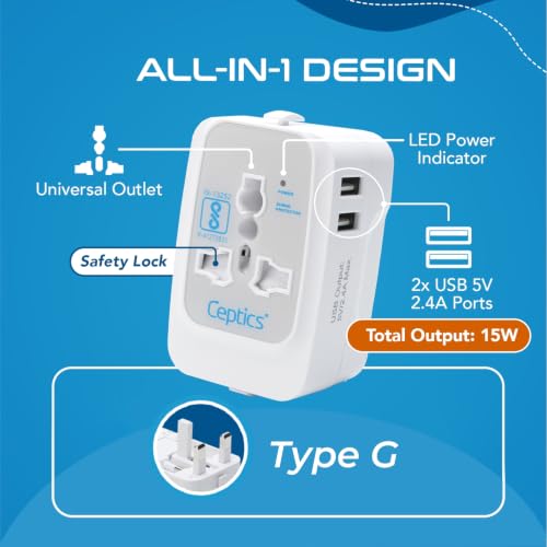 Image of Ceptics Universal UK Travel Adapter, 3 in 1 Type G Plug Adapter, Universal Travel Accessories 2 USB 2.4A, 100-240 Voltage Travel Charger, Universal Charger Adapter, White