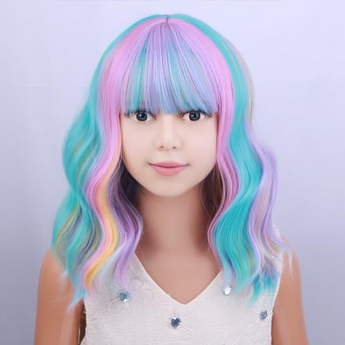 Image of PATTNIUM Multicolor Wig for Kids Rainbow Child Wig with Bangs Wavy Colorful Wigs for Girls Shoulder Length Heat Resistant Synthetic Wigs