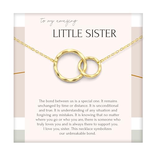 HOPE LOVE SHINE Little Sister Gift - Little Sister Necklace Jewelry 16+2 14k Gold Plated Sterling Silver 2 Interlocking Rings