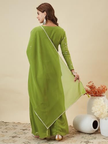 Image of MOKOSH Women's Georgette Short Kurti Palazzo with Dupatta | Short Kurti Set |Ethnic Kurta Set for Women | Sweetheart Neck Full Sleeve | Indian Kurta Outfit With Palazzo Pants