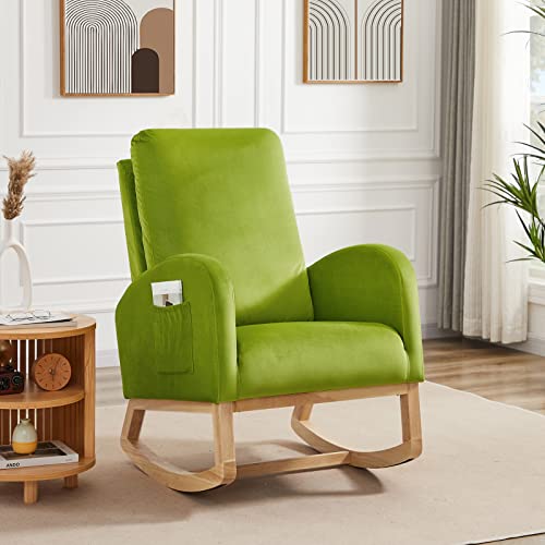 Image of Setawix Rocking Chair for Nursery, Midcentury Modern Accent Rocker Armchair with Side Pocket, Upholstered High Back Wooden Rocking Chair for Living Room Baby Room Bedroom (Green - Velvet)