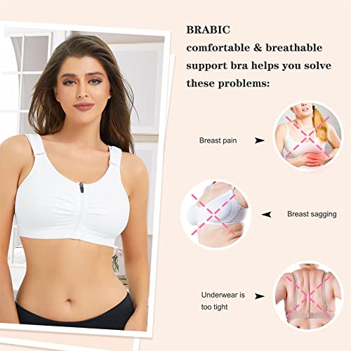 Brabic Zip Front Closure Everyday Bra For Women Post Surgery Compression Support With Adjustable Straps Wirefree White #TOP3