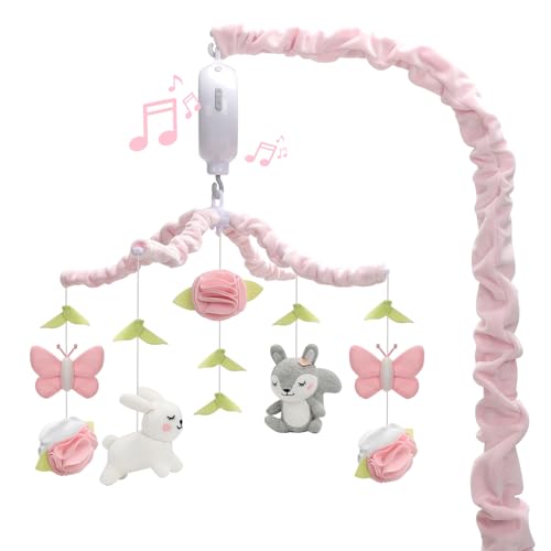 Image of NICEMER Baby Crib Mobile for Girls, Soft Knitted Woodland Characters Rabbit Squirrel, Pink and White Nursery Decor, Calming Soother with 12 Lullabies Essential and Perfect Gift for Girls