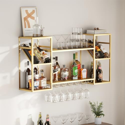 KaKaBB Metal Floating Bar Liquor Shelves 2 Tier, Wall Mounted Wine Rack with Glass Holder Storage, Wall Bar Shelf Wine Display Storage Holder for Kitchen Dining Room Bar (Gold)
