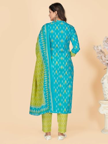 Image of Vbuyz Women's Printed & Embellished & Mirror Work Straight Cotton Stitched Kurta set | Straight Kurta Pant Dupatta | Kurta Set with Dupatta for Women | Suit Set | Ethnic Set | Printed Kurta Set