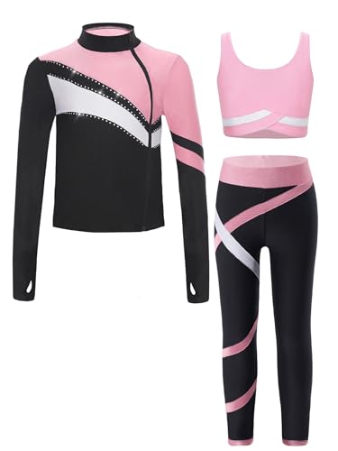 Yihuimin Chándal deportivo para niño y niña, chaqueta con tirantes, leggings, gimnasio, gimnasio, patinaje sobre hielo, danza, entrenamiento tipo C, Rosa., 146-152