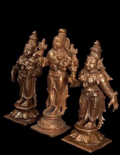 Image of Copper God Idols Rukmani sathyabama sametha navaneetha Kannan 3.9 inches, 450 Grams, Patina Antique Finish, Pack of 3 Piece