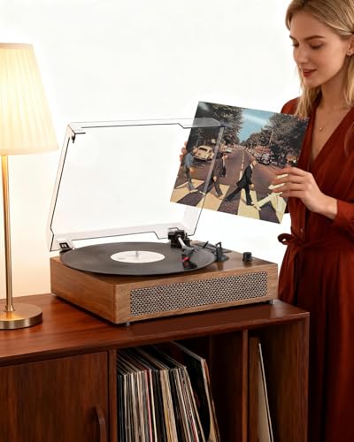 Image of Vinyl Record Player Extended Size with Bluetooth Playback, Built-in Speakers, USB Recording, LED Display, 3-Speed Turntable - Walnut