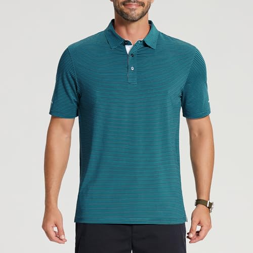 Image of Golf Shirts for Men - Dry Fit Moisture Wicking Short Sleeve Performance Sport Casual Striped Collared Mens Polo Shirt