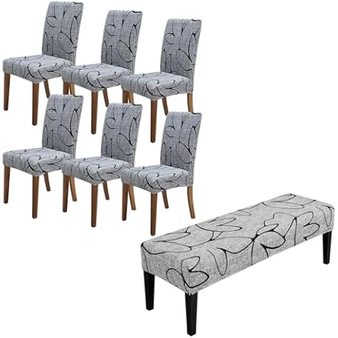 SPRINGRICO Slipcovers Bundle Products, Dining Room Chair Covers Set of 6, Dining Bench Cover Stretch, Washable Chair & Bench Slipcover (Lotus Gray) Cover