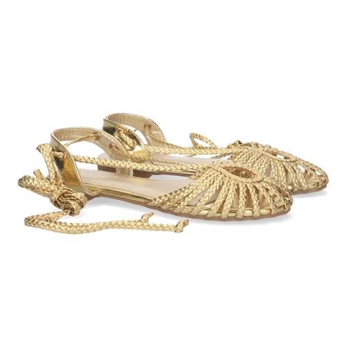 shoes&blues.es 80977-Sandalia cangrejera Plana para Mujer, comodas, Diseno Elegante de Punta Cerrada y Cintas Anudables al Tobillo.. Talla 38 Oro