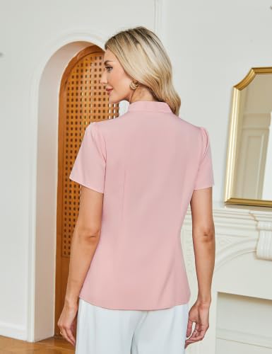 Image of Belle Poque Summer Short Sleeve Office Button Down Blouse Stripe Shirt Tops with Bow Tie BP573