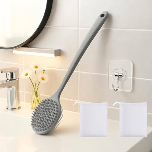 Image of Silicone Body Scrubber for Shower Men Women - Dual-Sided Exfoliating & Massage Shower Brush with Long Handle, Creates Rich Lather, Includes 1 Hook & 2 Lather Balls (Gray).