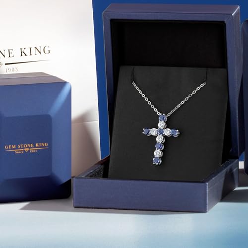 Gem Stone King Moissanite and Blue Created Sapphire Cross Pendant Necklace for Women | 925 Sterling Silver | Round 3.5MM | 1.64 Cttw | with 18 Inch Silver Chain | 1.20 Inch4