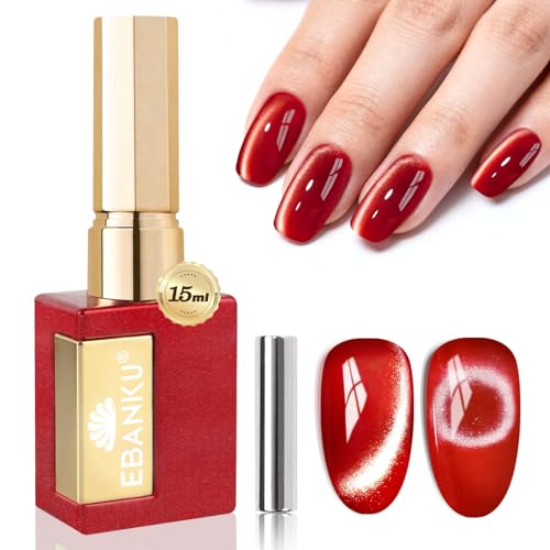 EBANKU Esmaltes Semipermanentes para Uñas en Gel, Holographic Pintauñas Semipermanentes Uñas de Gel UV LED Nail Polish, Brillante Translúcido Jelly Cat Eye con imanes(Rojo)