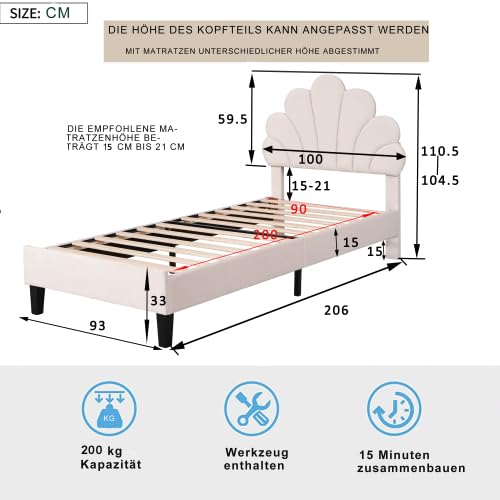 Merax Kinderbett Mädchen 90x200 cm, Polsterbett Kinder mit Blumen-Kopfteil und Lattenrost, Jugendbett Einzelbett aus Samtstoff, Bett Kinder für Teenager und Gästezimmer